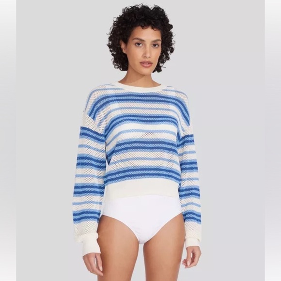 Solid & Striped Marina Blue Stripe Open Weave Knit The Tobi Crewneck Sweater XS - Picture 1 of 11
